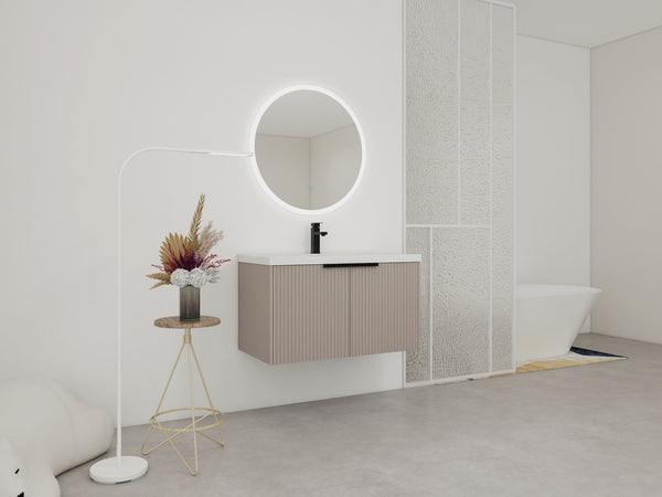 English Elm 36" Floating Bathroom Vanity with Resin Sink, Wavy Doors, Dual Soft-Close Cabinets, Plywood Durable Finish W999P293173