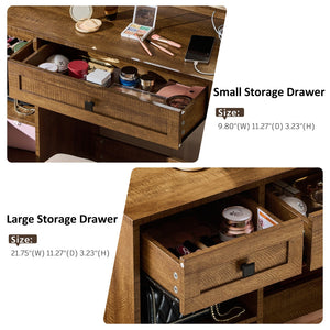 English Elm Farmhouse Makeup Vanity Desk with Lighted Mirror, Built-In Charging Station, Ample Storage and Stool Rustic Brown N844P291652W