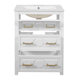 English Elm 24'' Bathroom Vanity with Ceramic Sink and 3 Drawers Retro Solid Wood Frame Freestanding Storage White N710P371184K