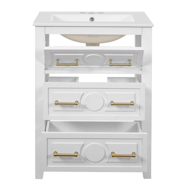 English Elm 24'' Bathroom Vanity with Ceramic Sink and 3 Drawers Retro Solid Wood Frame Freestanding Storage White N710P371184K
