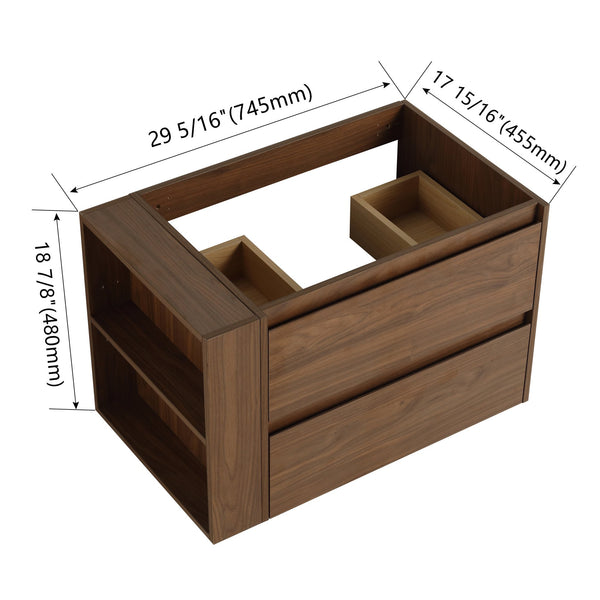 English Elm 30" Wall Mounting Bathroom Vanity Cabinet with Adjustable Side Shelf, Soft-Close 2/3 Drawers, Water-Resistant Plywood Brown Oak W999P193006