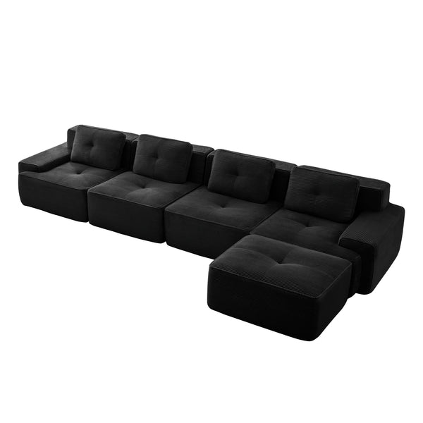 English Elm 153" Modern L-Shaped Modular Sectional Sofa - Plush Corduroy, Deep Seats, Movable Ottoman, No Assembly! W714S01481