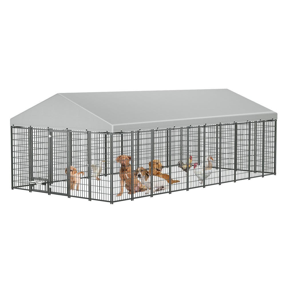 English Elm Large Heavy Duty Metal Dog Run Pen with Roof Cover for Backyard Animal Enclosure W1820S00025