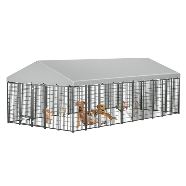 English Elm Large Heavy Duty Metal Dog Run Pen with Roof Cover for Backyard Animal Enclosure W1820S00025