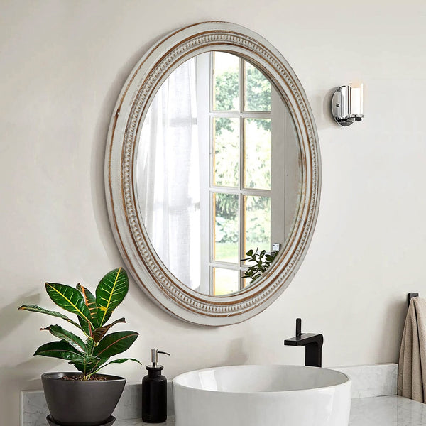 English Elm Vintage Round Wood Wall Mirror Beaded Ornate Frame Farmhouse Cottage Decor Accent W2295P414109