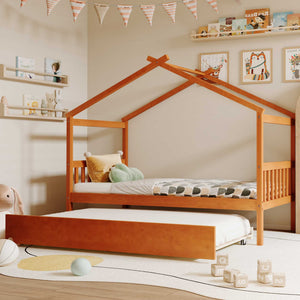 English Elm Twin House Bed with Pull Out Trundle Solid Pine Wood Frame Walnut Kids Room N708P309238L
