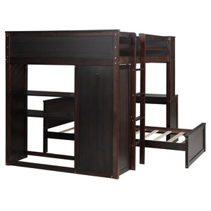 English Elm Full Twin Loft Bed with Desk Wardrobe Shelves Pine Wood Frame Kids Bedroom Espresso LT000821AAP-1