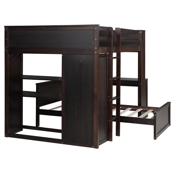 English Elm Full Twin Loft Bed with Desk Wardrobe Shelves Pine Wood Frame Kids Bedroom Espresso LT000821AAP-1