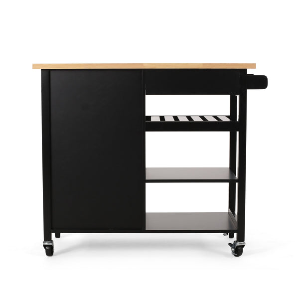 English Elm Christopher Knight Home® - Kitchen Island Cart with Solid Rubberwood Top, 41.75" Mobile Island with Drawer, Cabinet, Shelves & Wheels Black 67756.00NATBLK