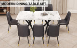 English Elm 1 Table and 8 Chairs. A Rectangular Dining Table With A White Imitation Marble Tabletop and Black Metal Legs. Paired With 8 Chairs, Equipped With Pu Leather Seat Cushions and Black Metal Legs. F-1538