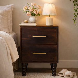English Elm Solid Wood Spindle Nightstand with Drawer Compact Mocha Farmhouse Bedside Storage B182P490922