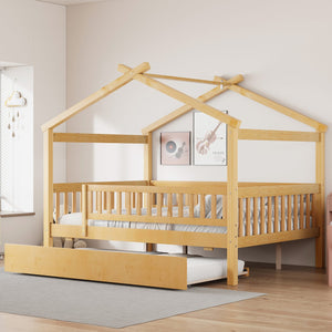 English Elm Full Size Pine House Bed with Roofline Frame and Roll Out Twin Trundle for Kids Natural LP100306AAN