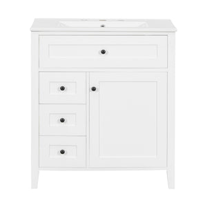 English Elm 30-Inch Contemporary Bathroom Vanity with Sink, MDF & Rubberwood, Glossy Finish, 3 Drawers + Cabinet White N725P350819K