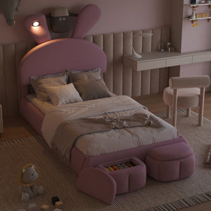 English Elm Twin Upholstered Platform Bed with Cute Cartoon Ears Headboard, LED Light, Adjustable Height, Pink WF321677AAH