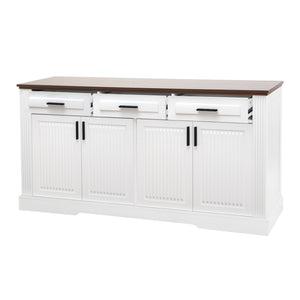 English Elm 63" Fluted Mdf Sideboard with Wood Tone Top Four Doors Three Drawers Dining Storage White W2917S00011