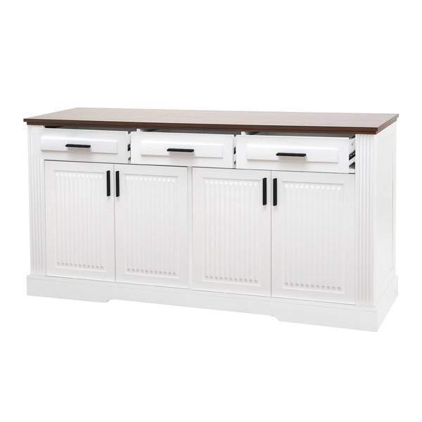 English Elm 63" Fluted Mdf Sideboard with Wood Tone Top Four Doors Three Drawers Dining Storage White W2917S00011