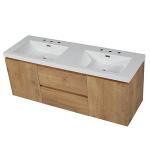 English Elm [video]59.3 Inch Wall Mounted Double Sink Vanity Wood Grain Mdf Soft Close Storage N729P000026N