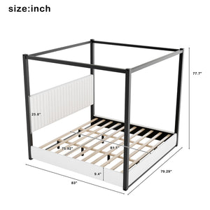 English Elm King Velvet Upholstered Four Poster Canopy Bed White Modern Bedroom Frame N7090002405B