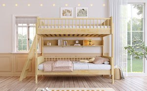 English Elm Twin Over Solid Wood Bunk Bed with Built in Shelves and Reversible Ladder N7090002224N