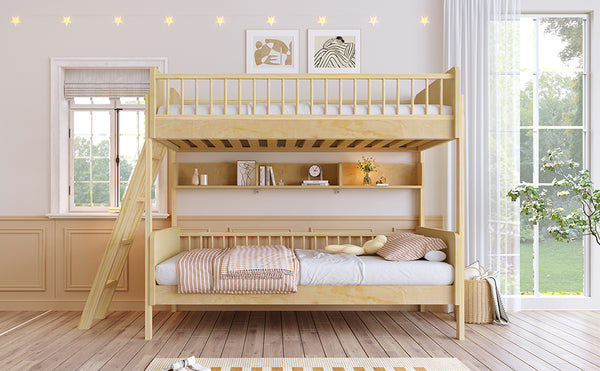 English Elm Twin Over Solid Wood Bunk Bed with Built in Shelves and Reversible Ladder N7090002224N