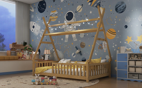 English Elm Twin Montessori Floor Bed House Frame with Led Lighting and Safety Rails for Kids Natural W2593P440573