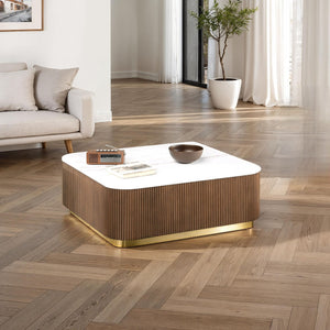 English Elm 1pc Square Genuine Marble Top Cocktail Table Fluted Plinth Base Gold Stainless Accents B2741P476071