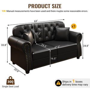 English Elm 63"upholstered Faux Leather Loveseat with Tufting Nailhead Trim Chesterfield Style Black W1885P469596
