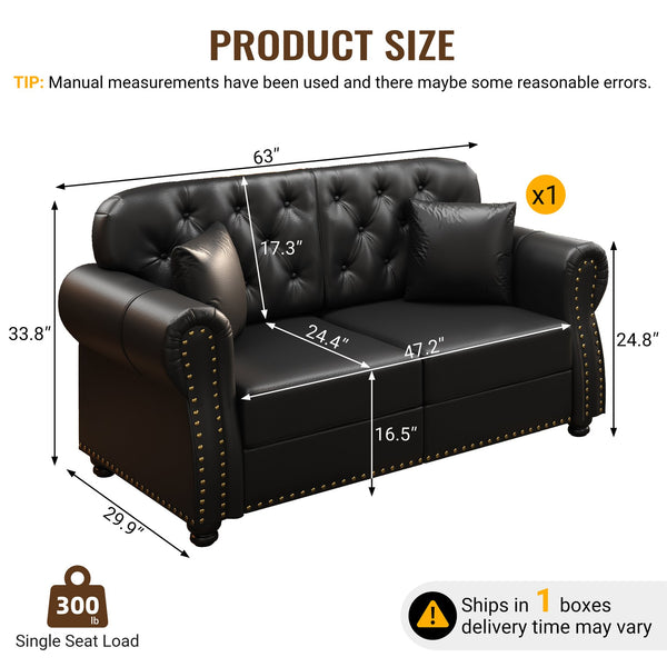 English Elm 63"upholstered Faux Leather Loveseat with Tufting Nailhead Trim Chesterfield Style Black W1885P469596