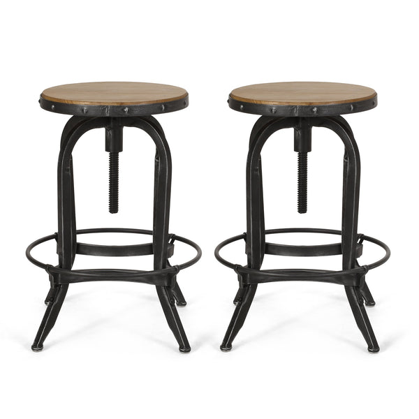 English Elm Christopher Knight Home® - Industrial Firwood Adjustable Swivel Barstools Set of 2 — Rustic Pewter Iron Frame, Height-Adjustable Comfort 67373.00