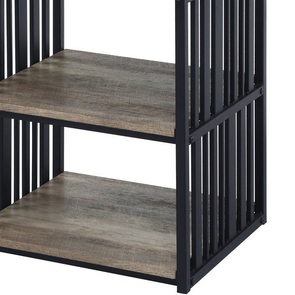 English Elm Antique Rustic Oak Nightstand with Black Slatted Metal Frame, 3-Shelf Industrial Charm for Bedroom Storage B062P209017