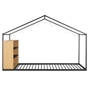 English Elm Twin House Bed Frame with Shelves & Built-In Lights, Metal-Wood Design for Creative Kids' Rooms Black N737P176708B