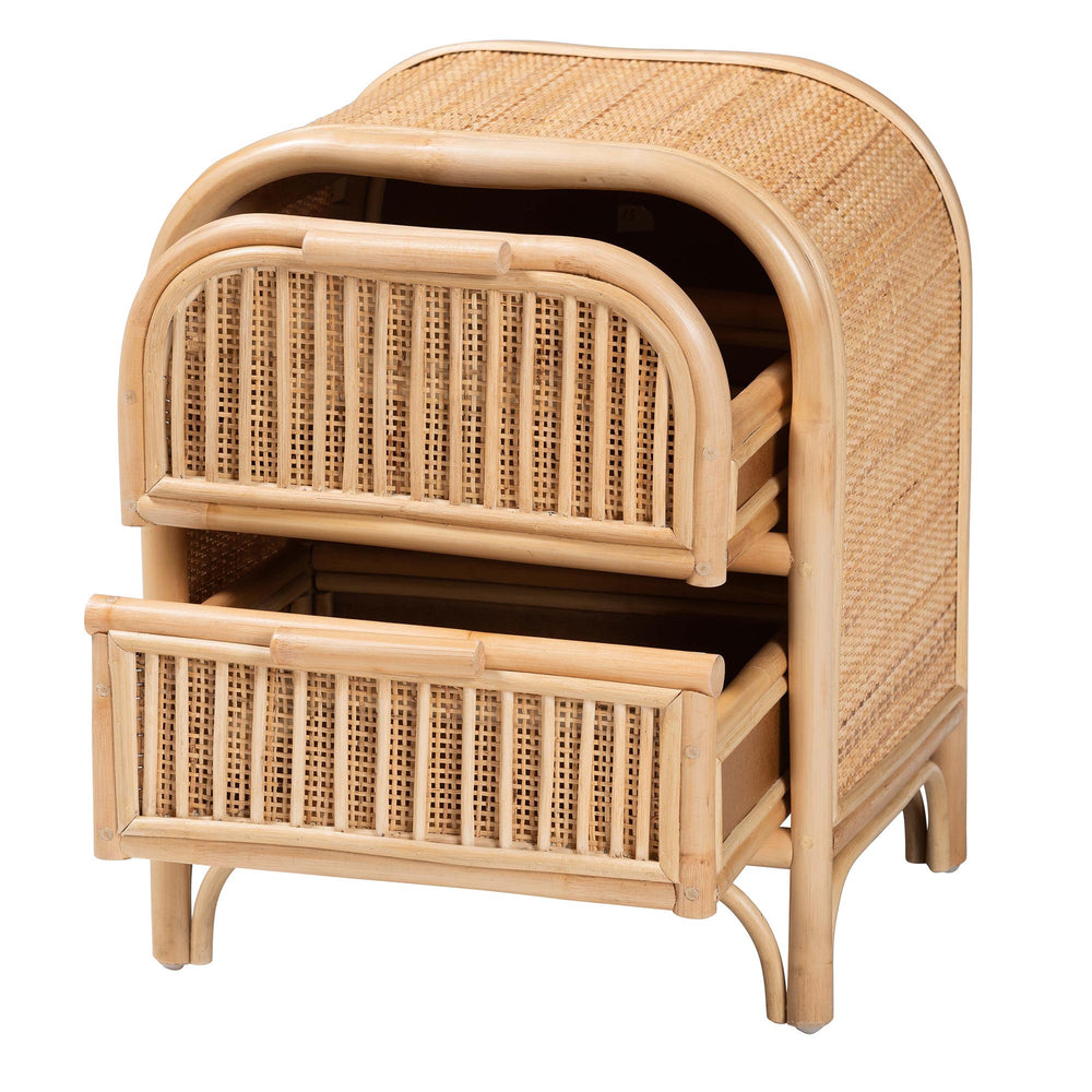 English Elm Bohemian Woven Rattan Two Drawer Nightstand with Handcrafted Texture for Boho Bedrooms B2750P467732
