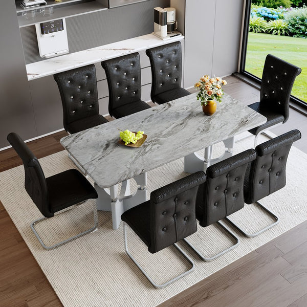 English Elm Modern 9 Piece Glam Dining Set Faux Marble Table Tufted Pvc Chairs Seats Eight Black,Grey W3875S00061