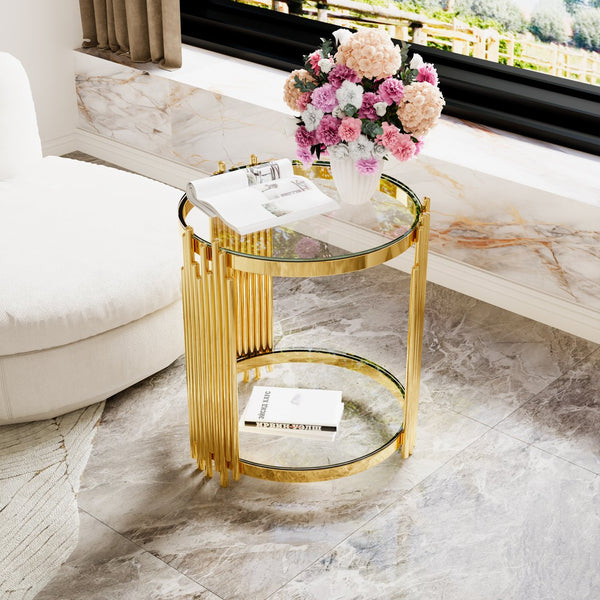 English Elm Modern Round Mirrored Glass End Table with Gold Metal Frame and Lower Display Shelf Transparent N735P380092K