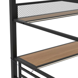 English Elm Full Size Metal Loft Bed Frame with Desk, LED Lights, Storage Shelves & Guardrails for Gamers DL002208AAB