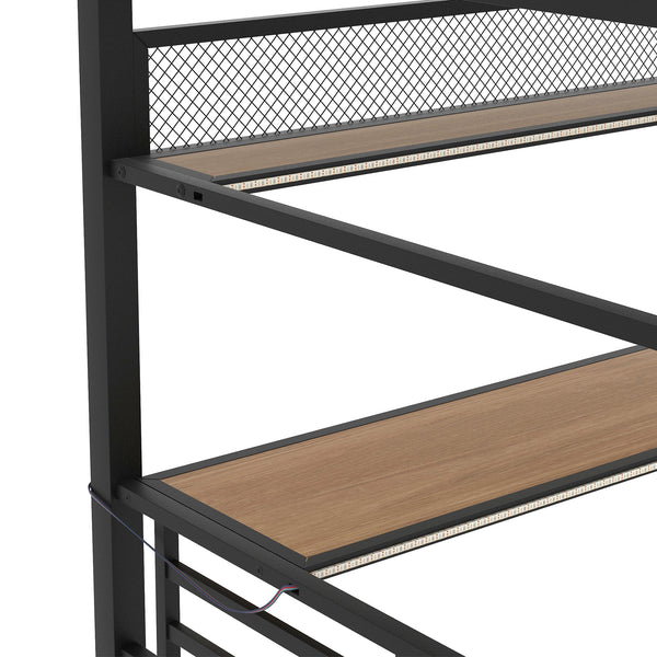 English Elm Full Size Metal Loft Bed Frame with Desk, LED Lights, Storage Shelves & Guardrails for Gamers DL002208AAB