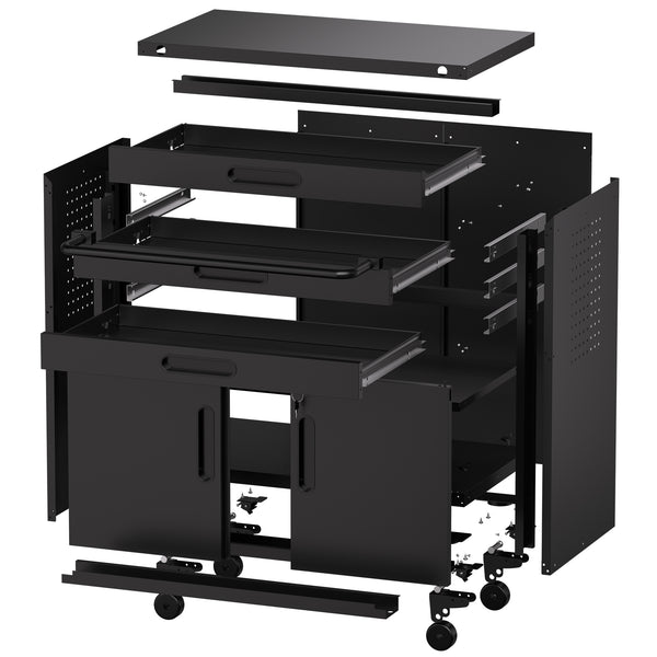 English Elm 34.3" Rolling Steel Workshop Cabinet with 3 Drawers Lockable Doors and Pegboard Sides W2735P428815