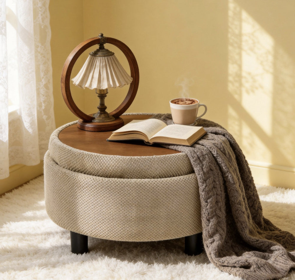 English Elm 25 Inch Round Fabric Pouf Ottoman with Removable Wooden Lid and Hidden Interior Storage Camel W5568P461369
