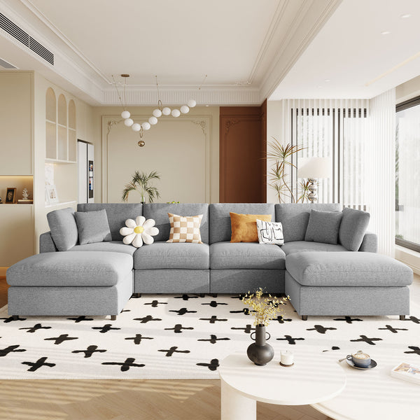English Elm U_style Six Seat Chenille U Shaped Sectional Modular Sofa with Movable Ottomans Grey WY000474AAE