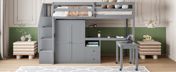 English Elm Queen Murphy Bed with Integrated Desk Cabinet Shelves Space Saving Studio Solution Gray N708S00013E