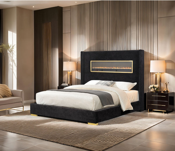 English Elm Contemporary Queen Platform Bed Upholstered Fabric Headboard with Built-in 3d Fireplace B2741P439939