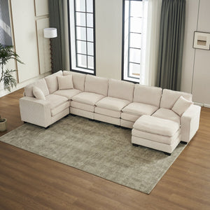 English Elm Modern U Shaped 6-Seat Sectional Sofa with Ottoman and 3 Toss Pillows, Corduroy Modular Comfort and Durable Frame White W2363S00039