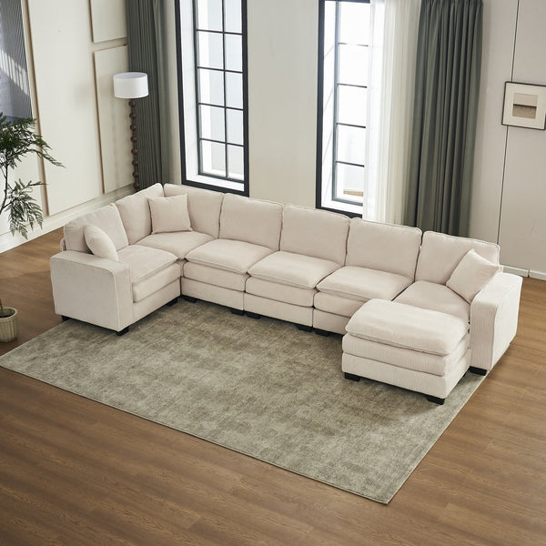 English Elm Modern U Shaped 6-Seat Sectional Sofa with Ottoman and 3 Toss Pillows, Corduroy Modular Comfort and Durable Frame White W2363S00039