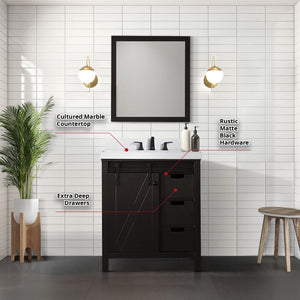 English Elm Brown Bath Vanity with Cultured Marble Top, Matte Black Faucet, Scratch-Resistant Surface, 28" Mirror Included B2731S01336