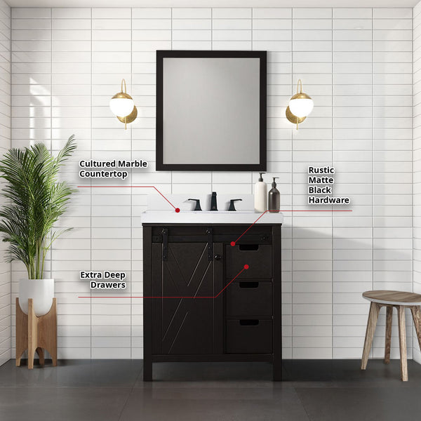 English Elm Brown Bath Vanity with Cultured Marble Top, Matte Black Faucet, Scratch-Resistant Surface, 28" Mirror Included B2731S01336