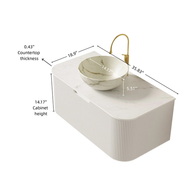 English Elm Dina Floating Bathroom Vanity Sintered Stone Top Glass Basin Striped Plywood Cabinet W2615S00719