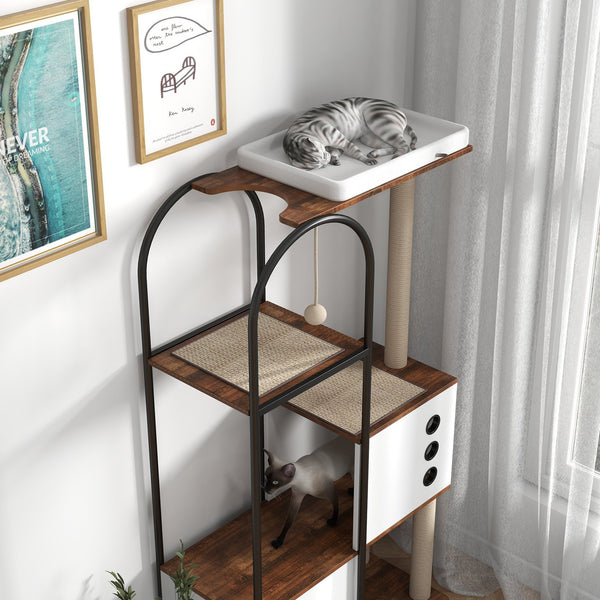 English Elm Cat Tower Five Tier Modern Tree with Steel Frame Scratching Posts and Cozy Hideout Cabinets W1687P487159
