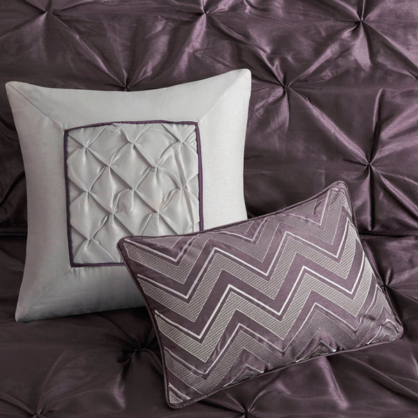 JLA Home Madison Park - 7 Tufted Comforter Set with Textured Pieced Panels for Durable Softness and Easy Care Bedding Elegance Plum MP10-256