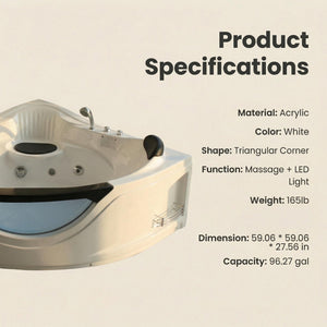 English Elm 59" Corner Whirlpool Tub for Two with Hydro Jets Chromatherapy Led Spa Bathing W3605P419568