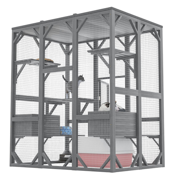English Elm Outdoor Fir Wood Cat Enclosure Three Tier Six Platform Habitat with Waterproof Roof W1598P390796